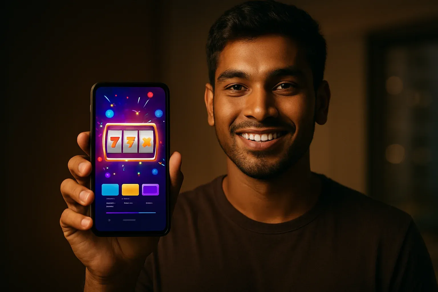 Young Bangladeshi man holding smartphone showing glowing colorful casino app interface