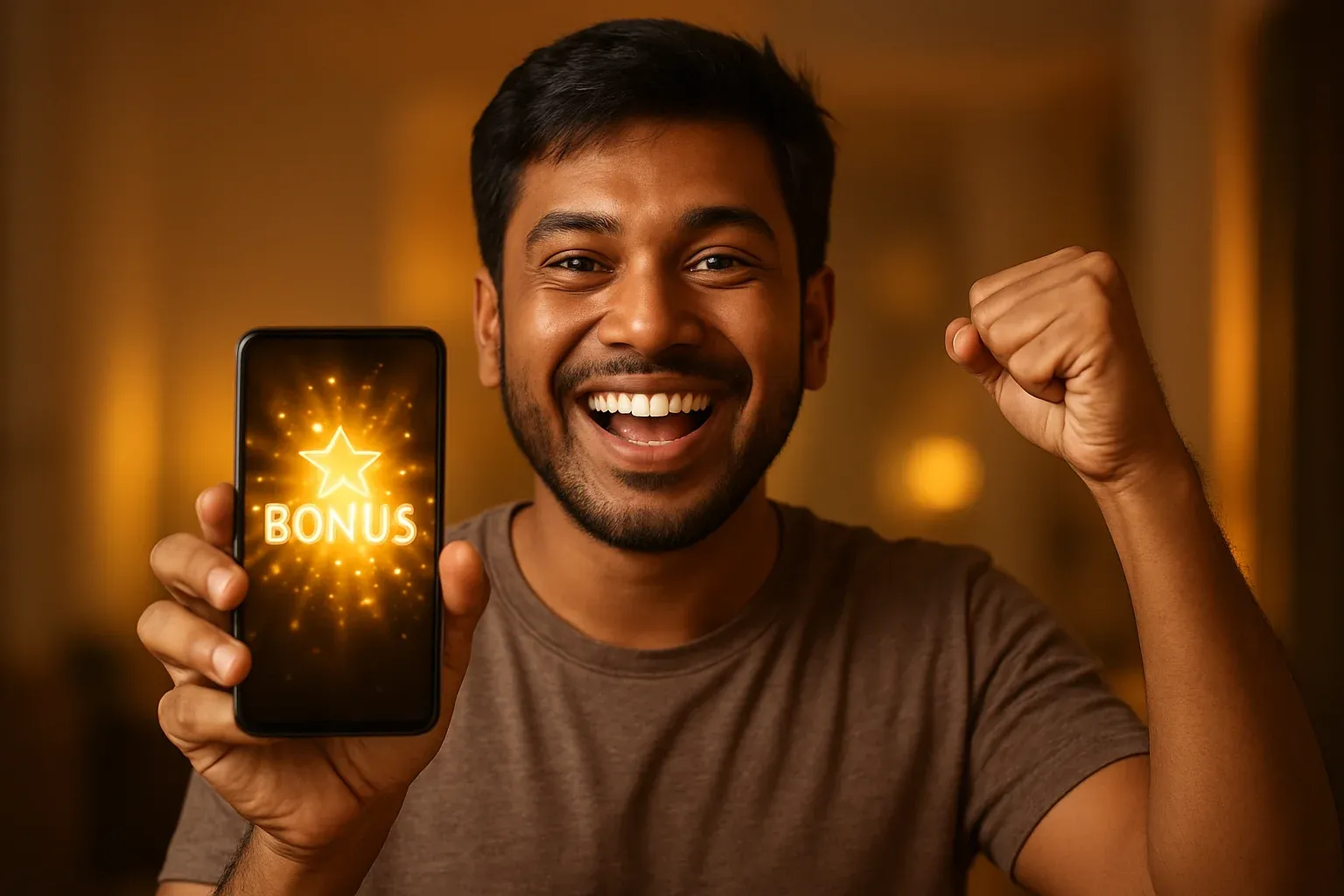 Joyful Bangladeshi man celebrating, holding smartphone with glowing golden bonus notification