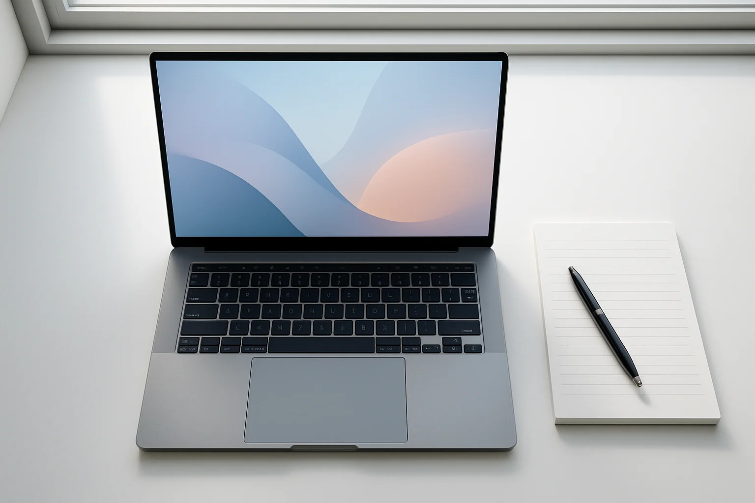 Modern laptop on white desk with abstract glowing screen in daylight