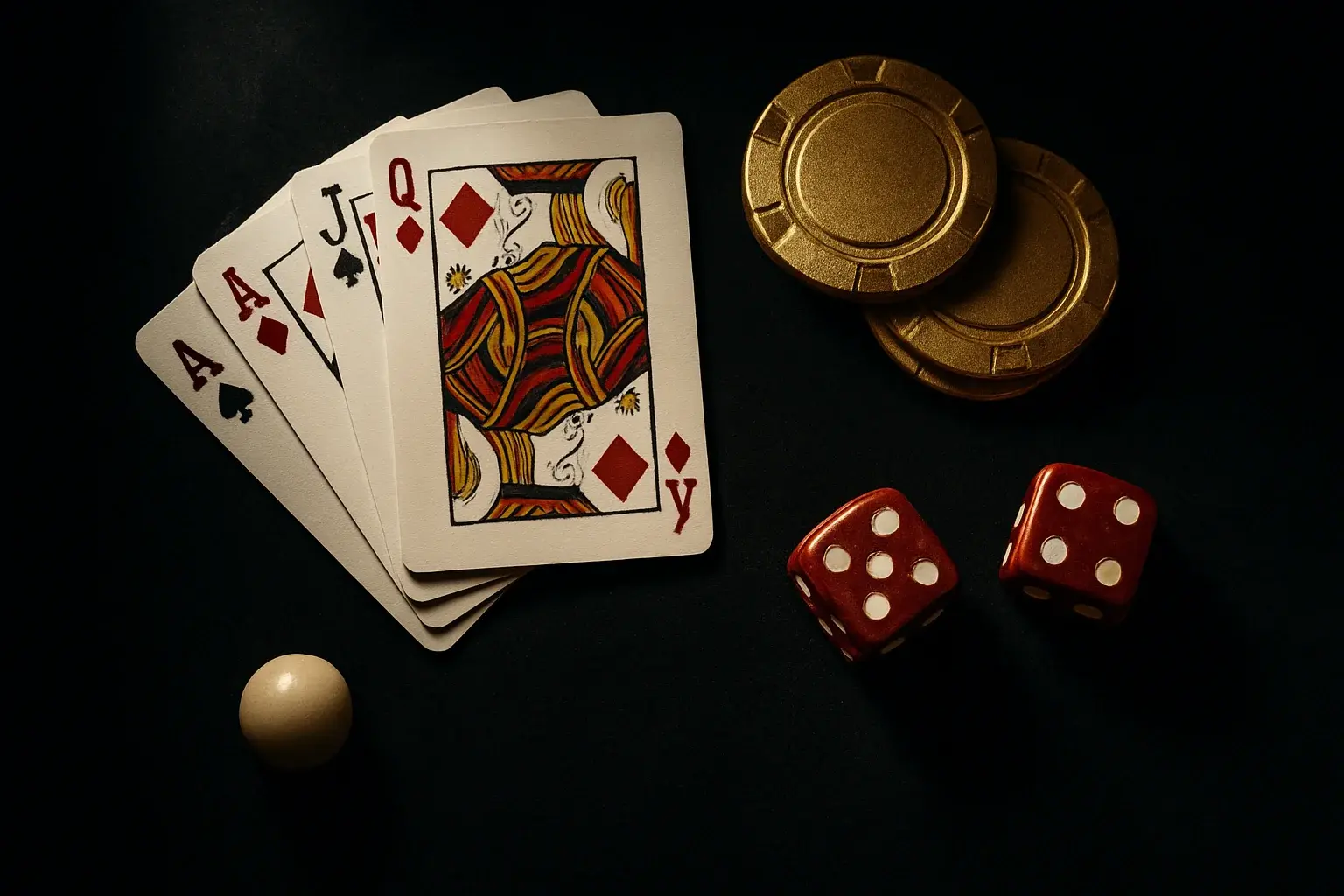 Top-down dark velvet casino scene with gold chips, cards, dice, roulette ball