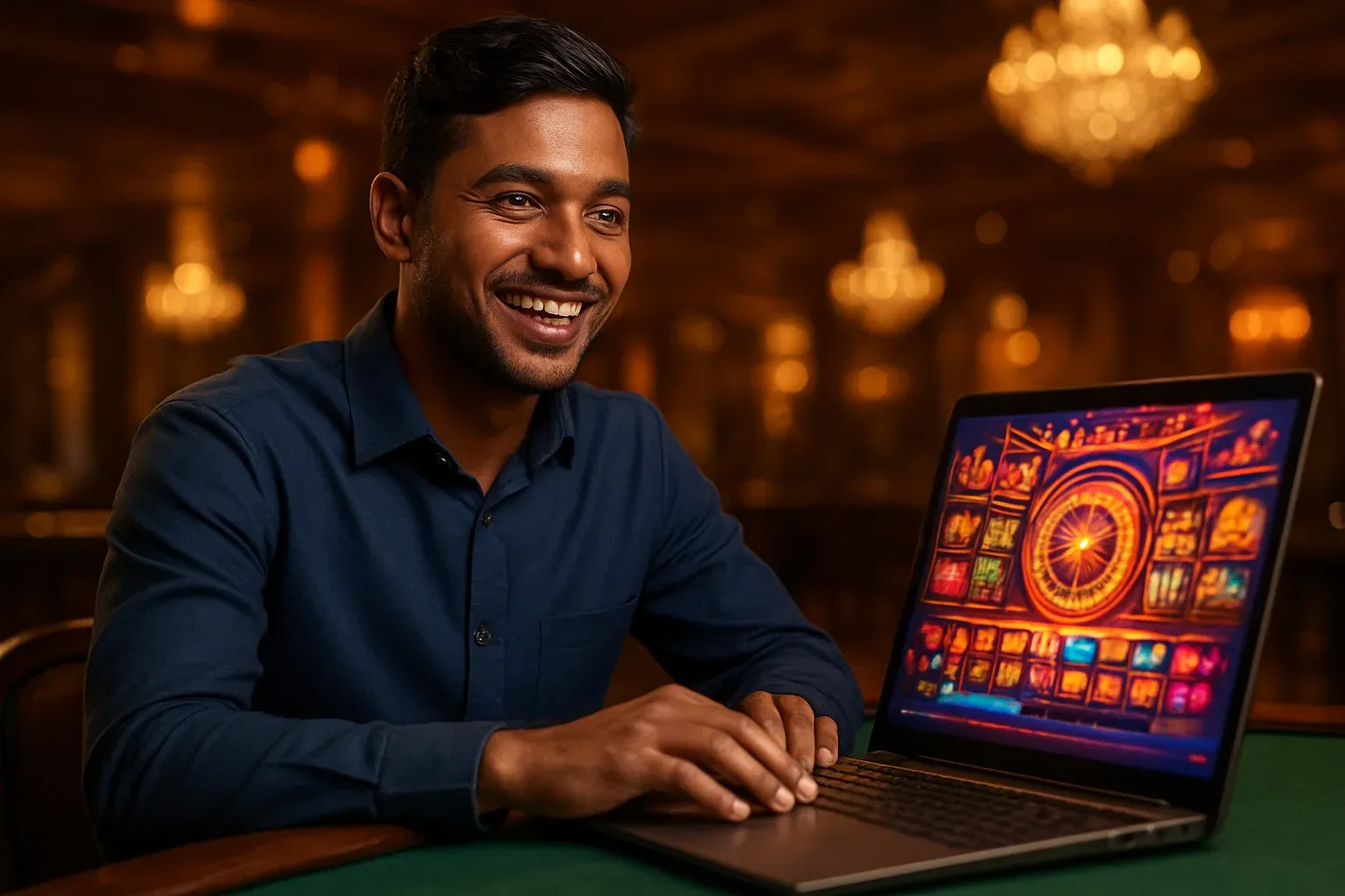 Cheerful Bangladeshi man smiling at open laptop in casino lounge