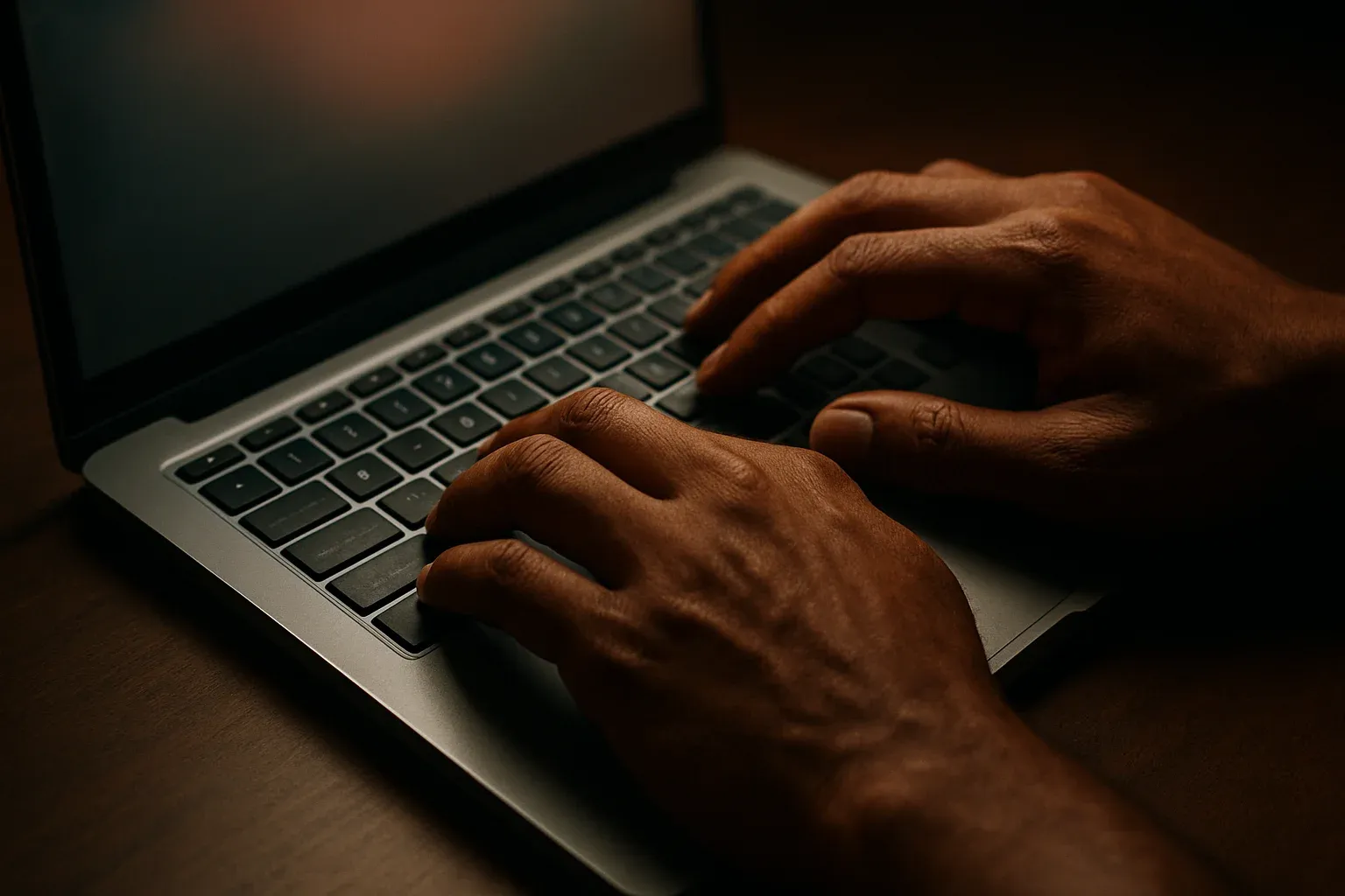 Close-up of Bangladeshi hands typing on laptop keyboard in dark lighting