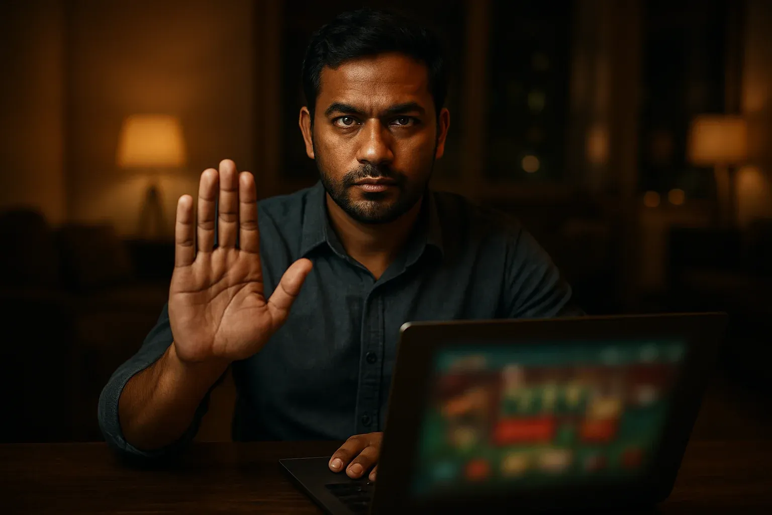Confident Bangladeshi man shows stop gesture beside blurred online casino laptop