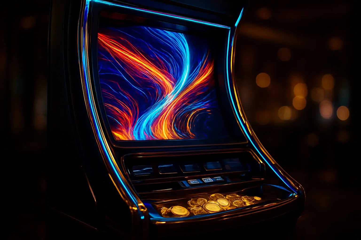 Hyperrealistic premium slot machine with glowing screen in dark luxury setting